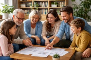 famille-salon-moderne-bibliotheque-plantes