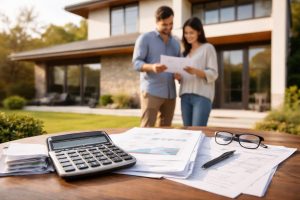 maison-moderne-couple-documents-calculatrice